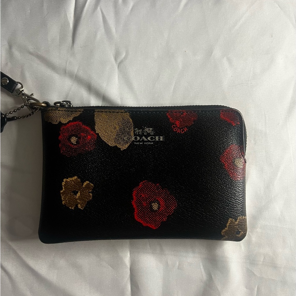 Coach Black Floral Wristlet with Red & Gold Blooms - Picture 2 of 8